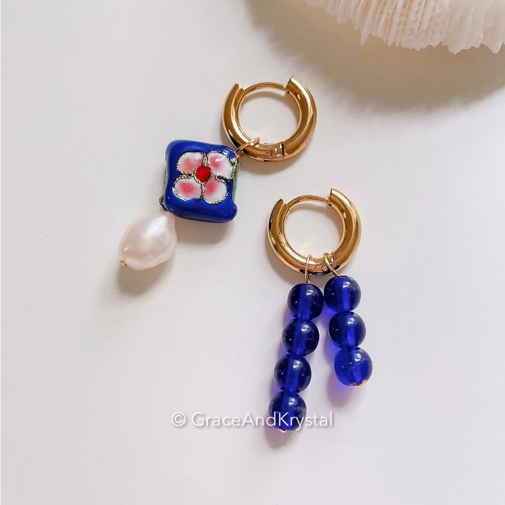 Retro Flower Cloisonne mismatched hoops
